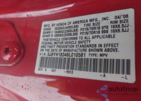 2006 Honda Element Lx z USA, uszkodzony, nr VIN 5J6YH18346L010581